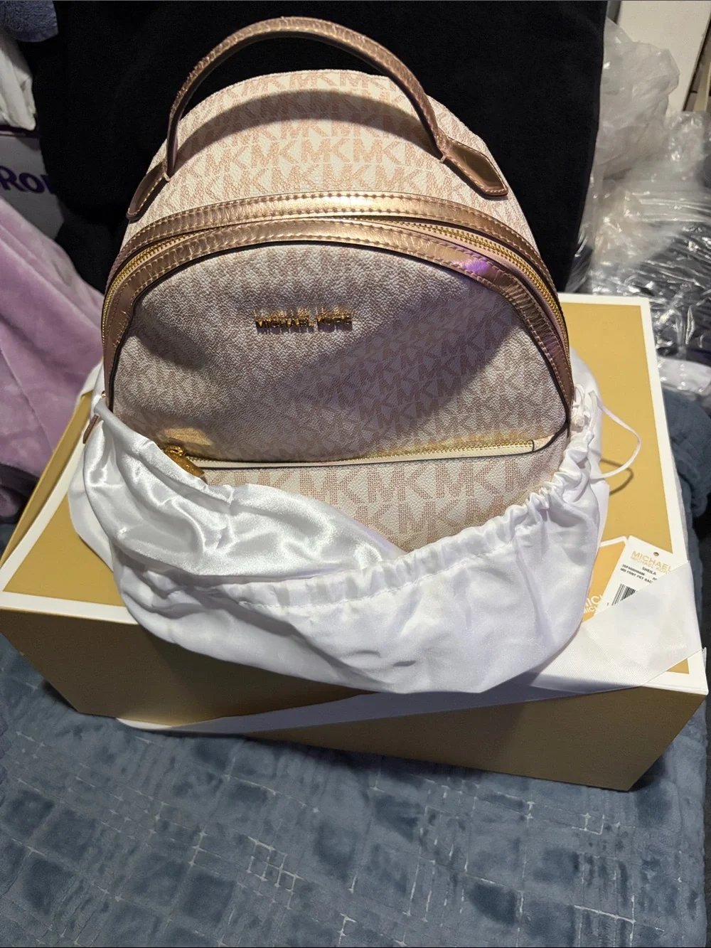 MICHAEL KORS Blush Logo Mini Backpack with Gold Hardware